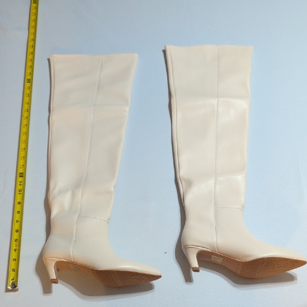 Cream Over The Knee Boots with Kitten Heels